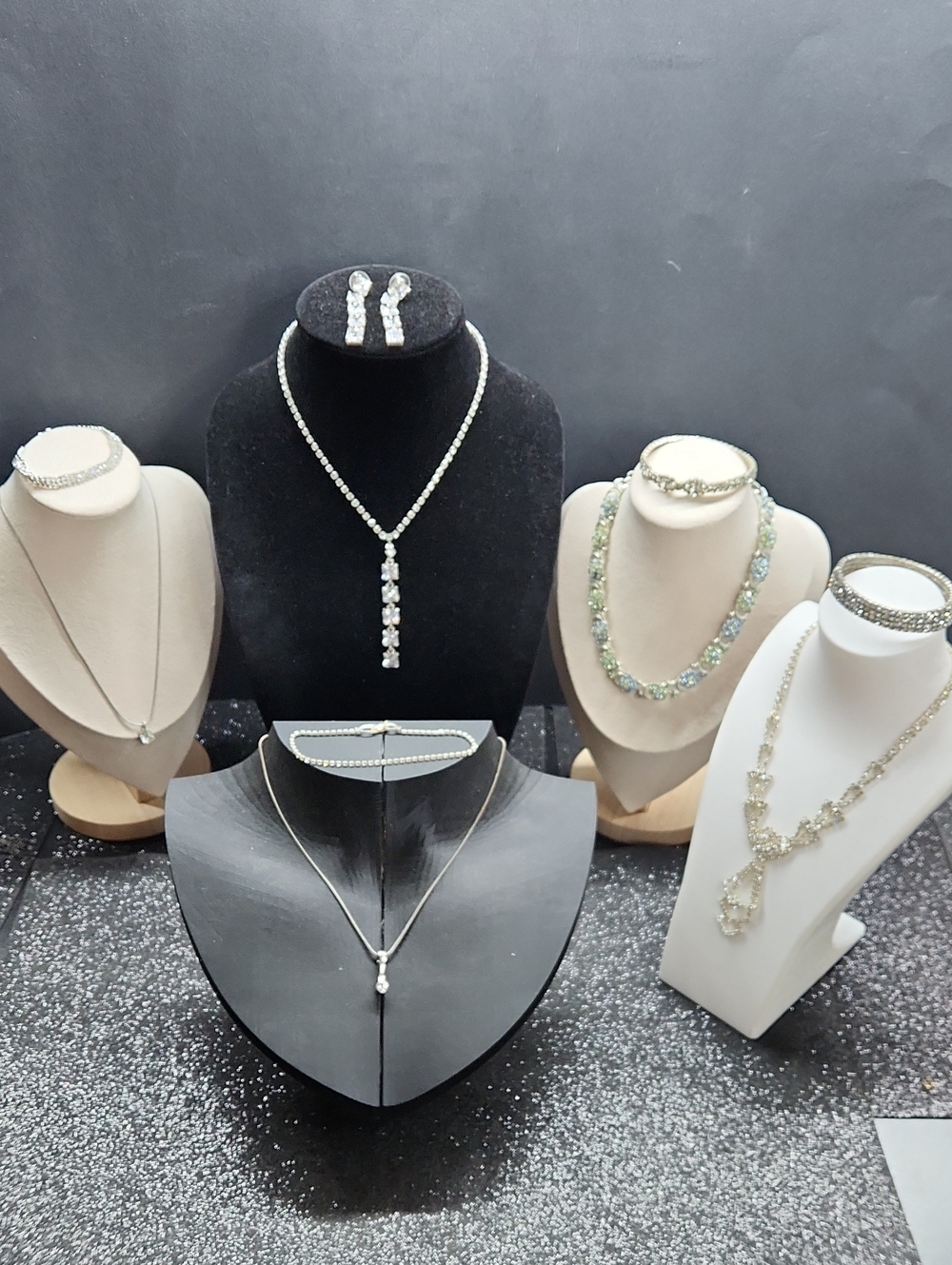 SIlver-toned costume jewelry featuring clear crystals bundle